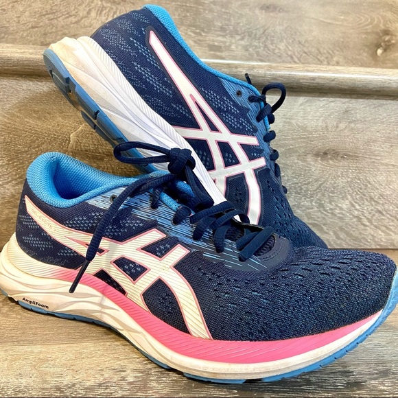 Asics Women Gel-Excite 7 Running Shoes Amplifoam LaceUp Blue/White/Pink 1012A875 - Picture 1 of 12